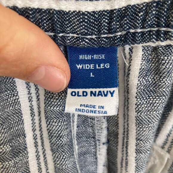Old Navy Linen Blend Wide Leg Striped Pants Navy Blue Beach Vacation Large - Picture 6 of 8